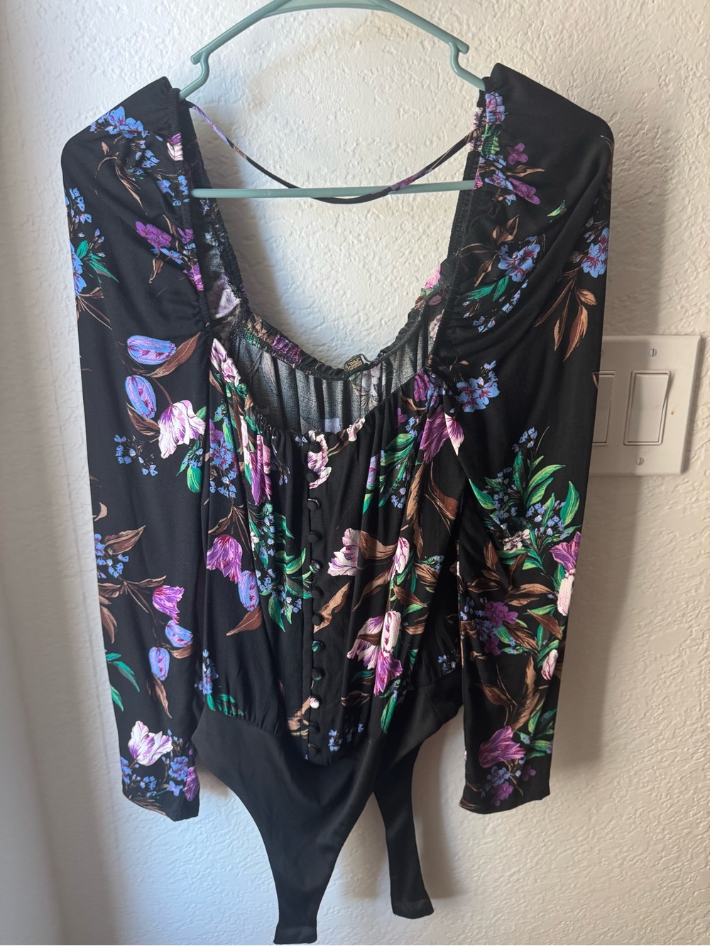 AFRM Black Floral Scoop-Neck Bodysuit with Purple & Green Accents
